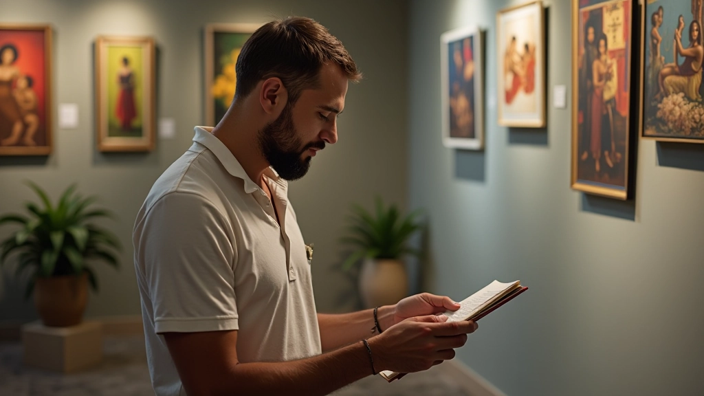 Coleccionista privado revisando catálogo de arte