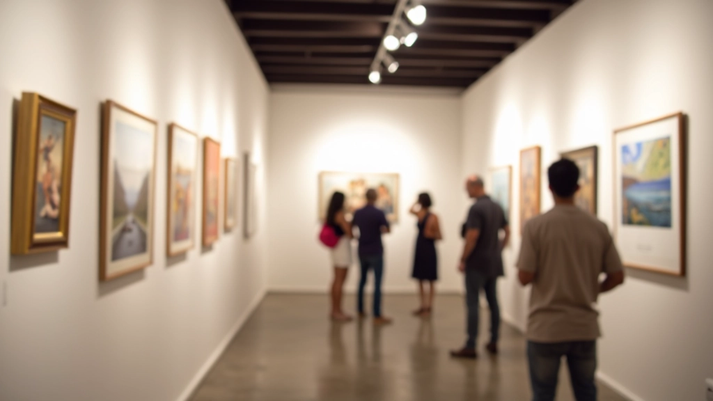 Interior de galería de arte con visitantes observando cuadros, iluminación profesional, ambiente sofisticado