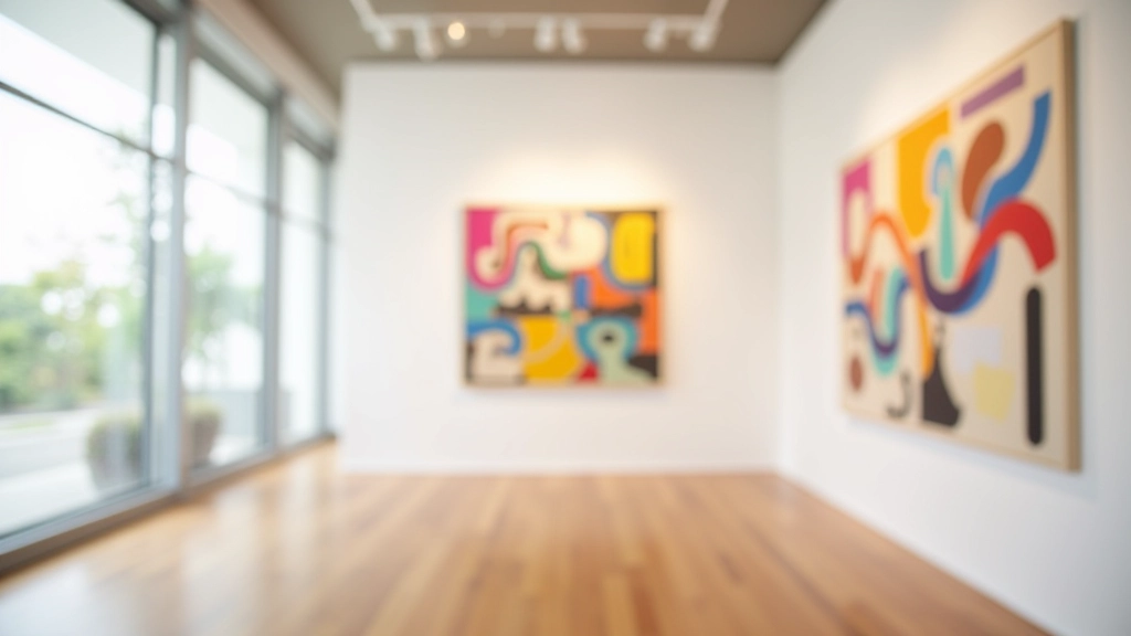 Galería de arte moderno con cuadros coloridos colgados en paredes blancas, piso de madera, iluminación natural desde ventanas grandes