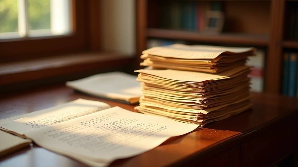 Documentos de procedencia apilados sobre escritorio, registros históricos de propietarios, archivo de arte organizado